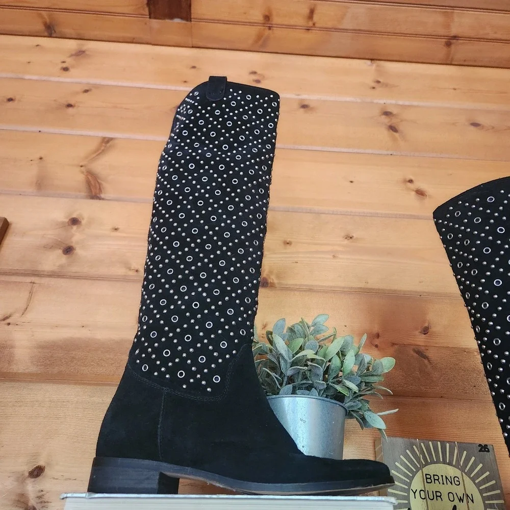 Michael Kors Sally Studded Flat Boot‎ Tall Suede Leather Embellished Moto Sz 8 M
